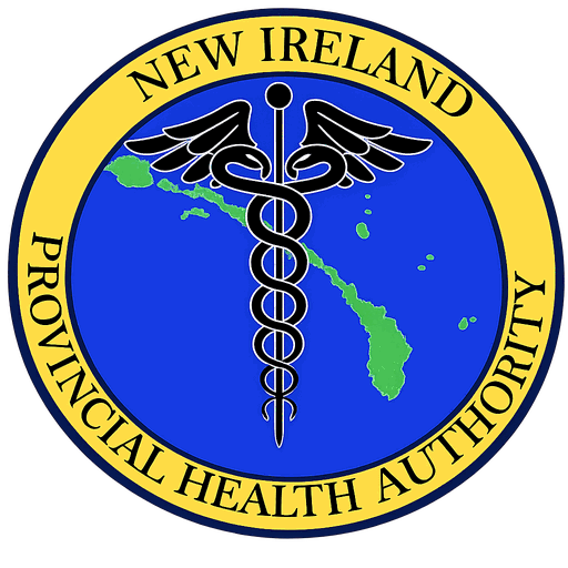 Official seal of the New Ireland Provincial Health Authority, showing the medical caduceus over a green map of New Ireland Province